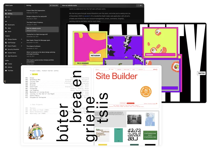 The websites of Jeffrey Zeldman (2004), Jason Santa Maria (2008), and Jessica Hische (2012).