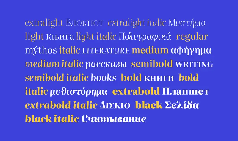 Literata’s weights, from extralight to black italic, in Latin, Greek and Cyrillic