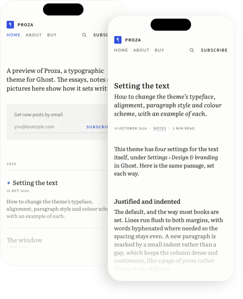 Proza on two phones: the home page and a post