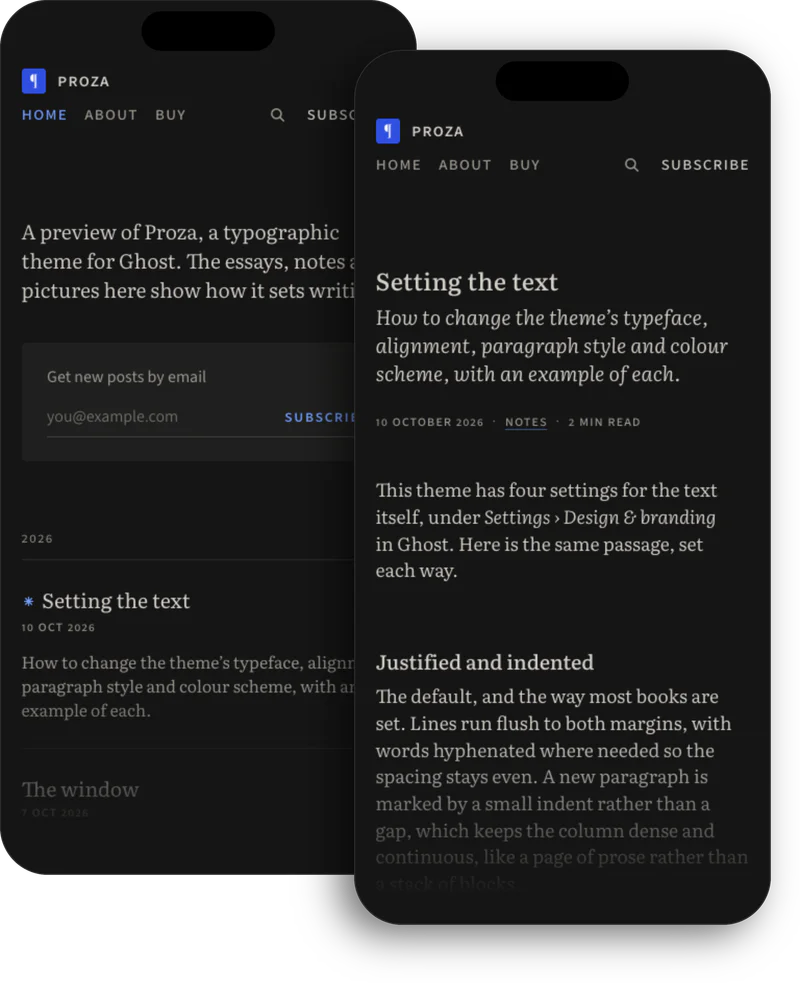 Proza on two phones in dark mode: the home page and a post