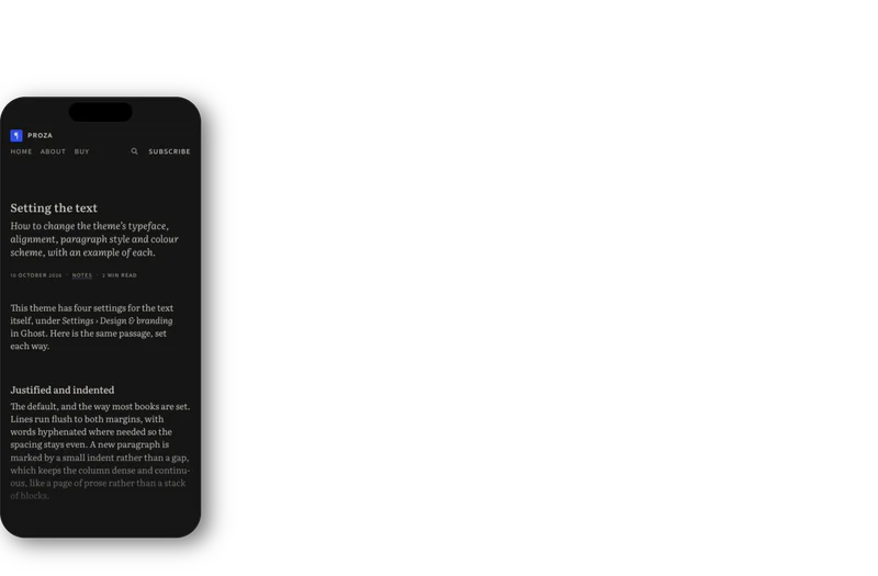 Proza in dark mode on a desktop, scrolling through the essay On reading slowly, and on a phone