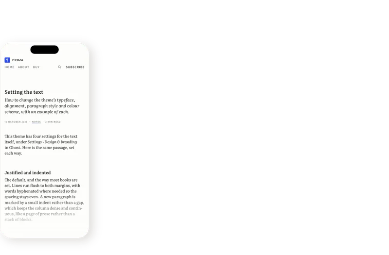 Proza on a desktop, scrolling through the essay On reading slowly, and on a phone
