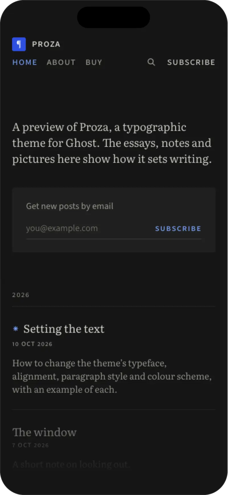 Proza’s home page on a phone, in dark mode