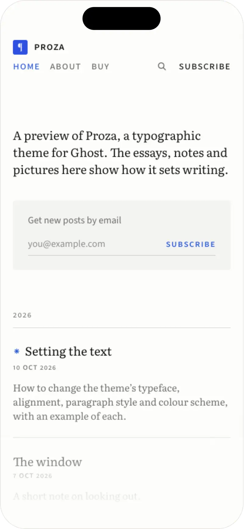 Proza’s home page on a phone