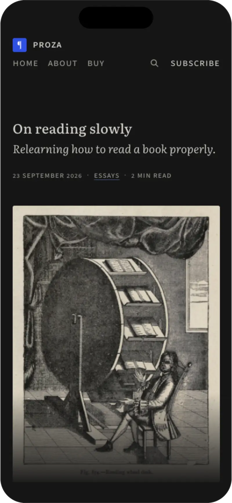 A post in Proza on a phone, in dark mode