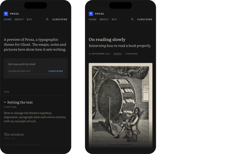 Proza on three phones in dark mode: the home page, a post, and the same post in light mode, scrolling