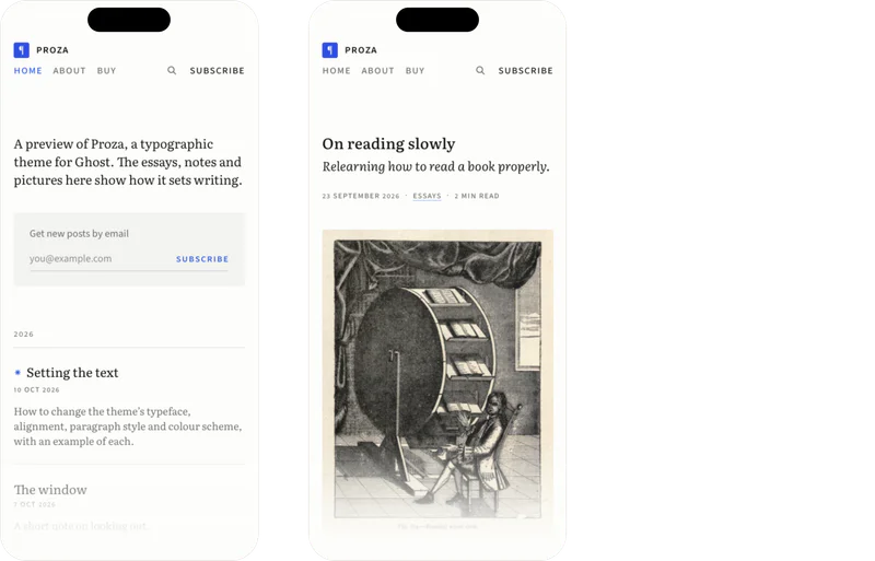 Proza on three phones: the home page, a post, and the same post in dark mode, scrolling