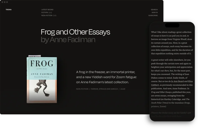 Trema in dark mode on a laptop and a phone: the page for Frog and Other Essays by Anne Fadiman, with its cover, and the opening of the recommendation