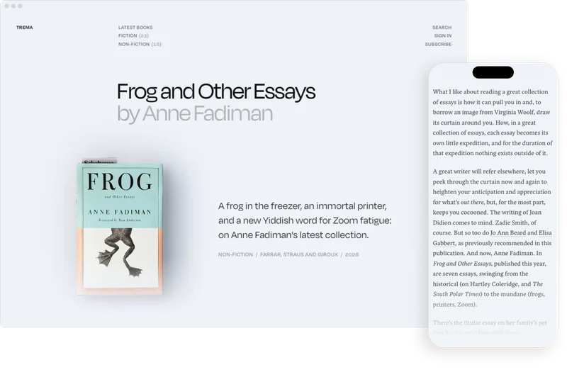 Trema on a laptop and a phone: the page for Frog and Other Essays by Anne Fadiman, with its cover, and the opening of the recommendation