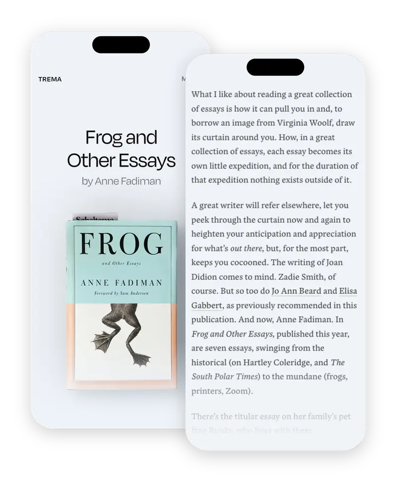 Trema on two phones: the page for Frog and Other Essays by Anne Fadiman, with its cover, and the opening of the recommendation