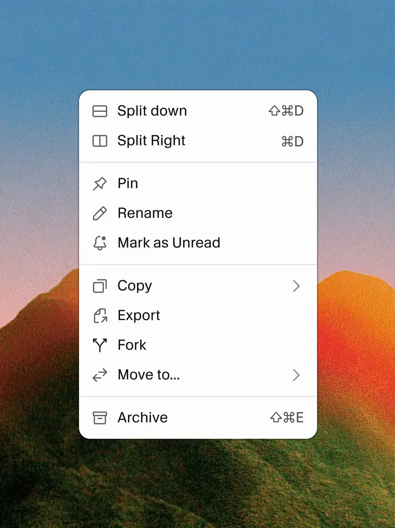 A context menu in Cursor with icons for split, pin, rename, mark as unread, copy, export, fork, move and archive
