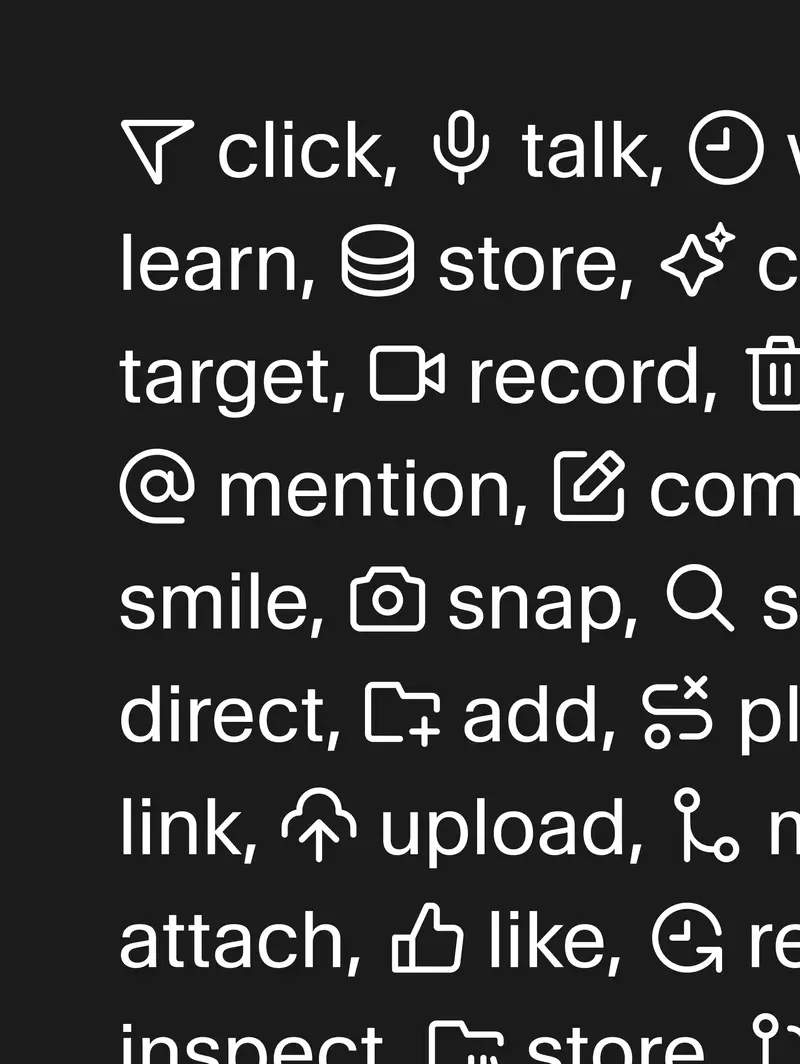 Cursor’s icons set inline with words in Cursor Gothic: click, talk, learn, store, record, mention, snap, upload, like and more