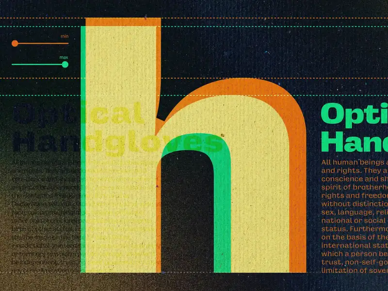 An oversized lowercase ‘h’ with min/max sliders illustrating an optical-size axis