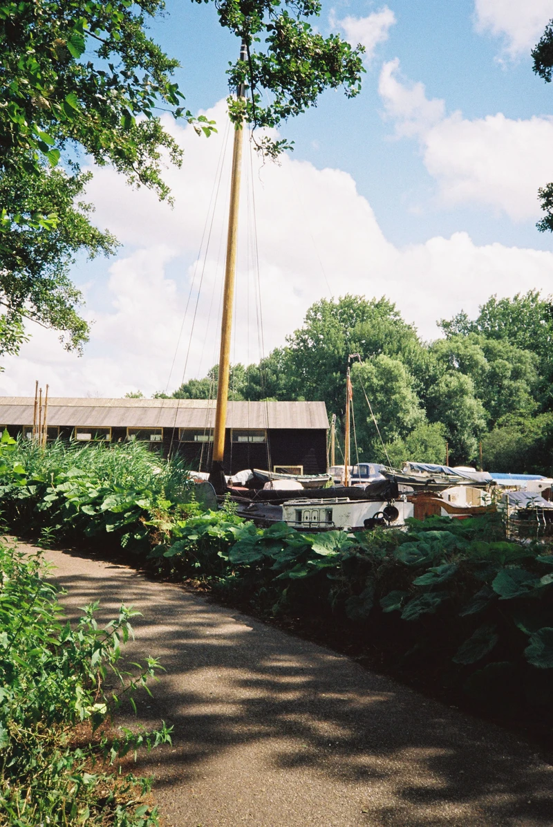 A path running past a boatyard, a tall bare mast rising above moored boats and sheds.